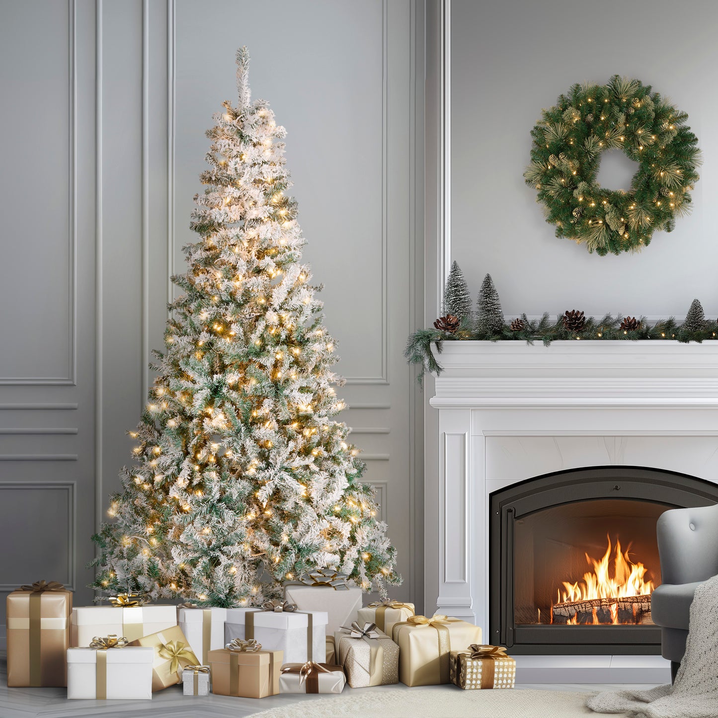 7.5 ft. Pre-Lit Acacia Flocked Tree with Clear Lights
