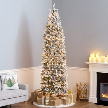 9 ft. Pre-Lit Acacia Flocked Slim Tree with Clear Lights