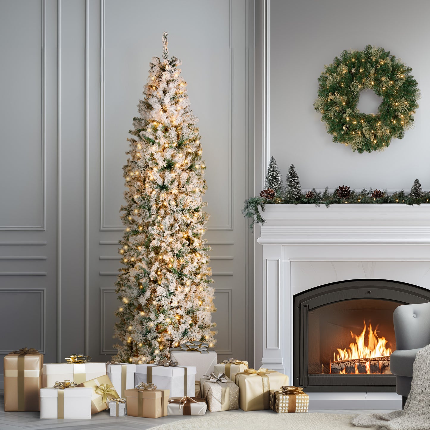 9 ft. Pre-Lit Acacia Flocked Slim Tree with Clear Lights