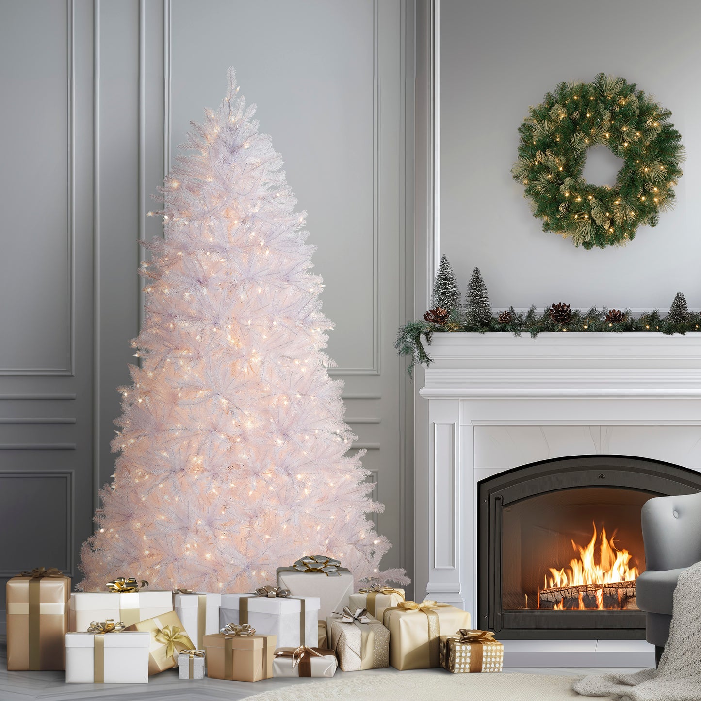 6.5 ft. Pre-Lit Dunhill Fir White Tree with Clear Lights