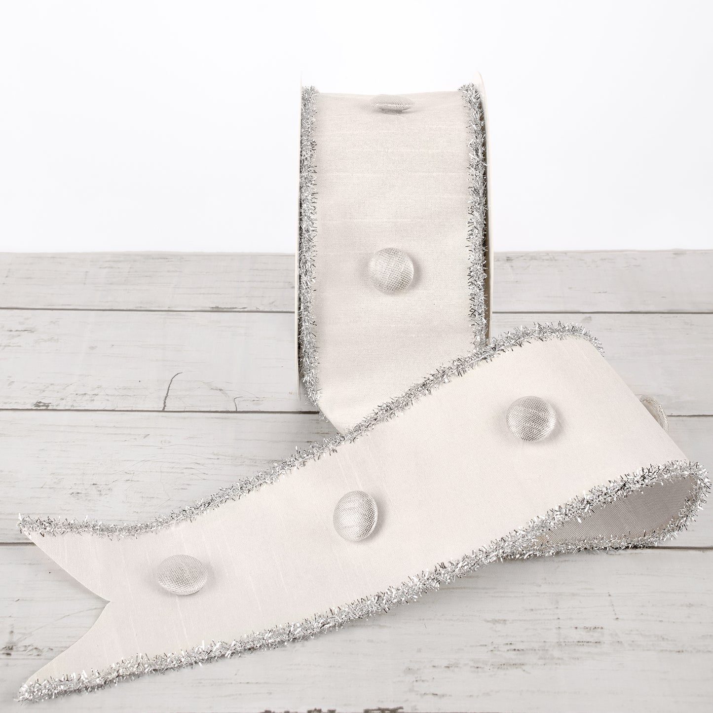 3 in. HGTV Home Collection Dupioni Button Ribbon, White