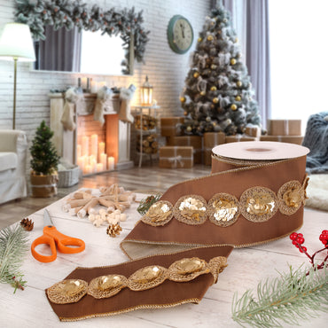 4 in. HGTV Home Collection Sequin Beaded Taffeta Ribbon, Brown