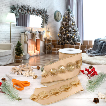 4 in. HGTV Home Collection Sequin Beaded Taffeta Ribbon, Beige