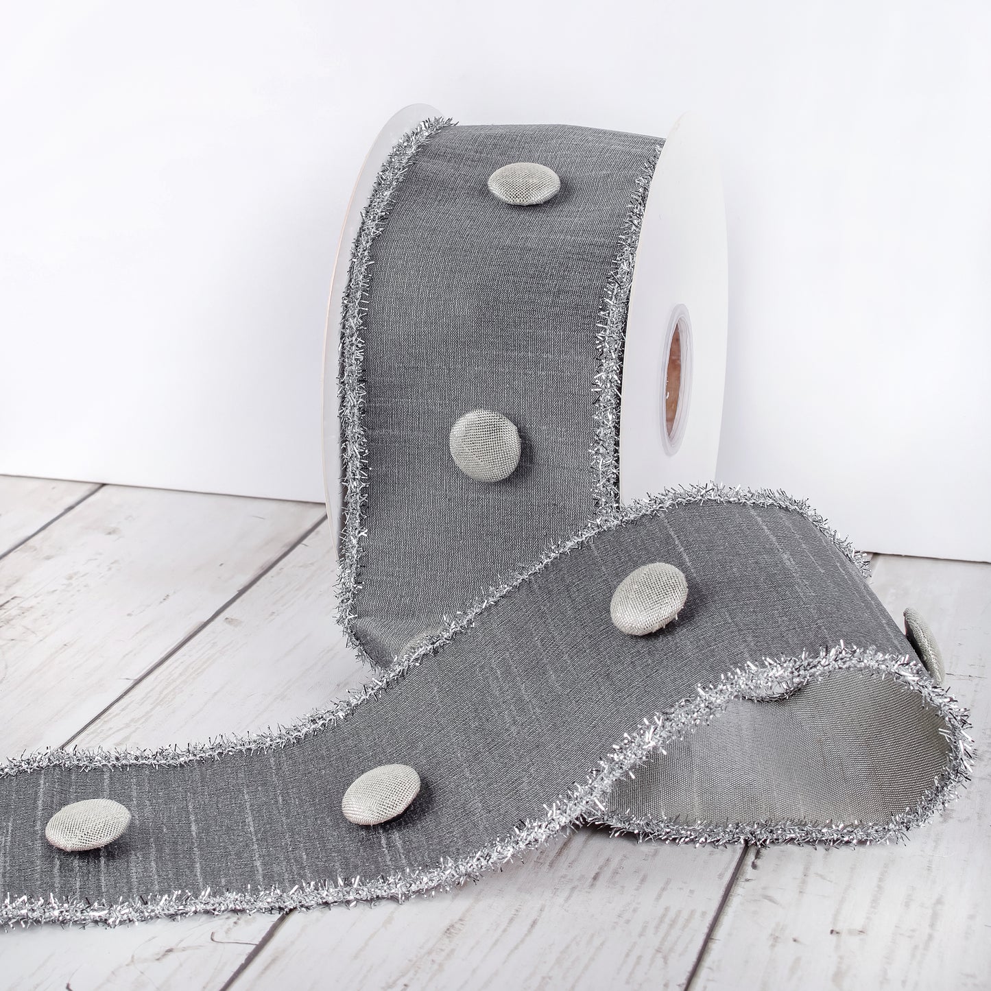 3 in. HGTV Home Collection Dupioni Button Ribbon, Silver