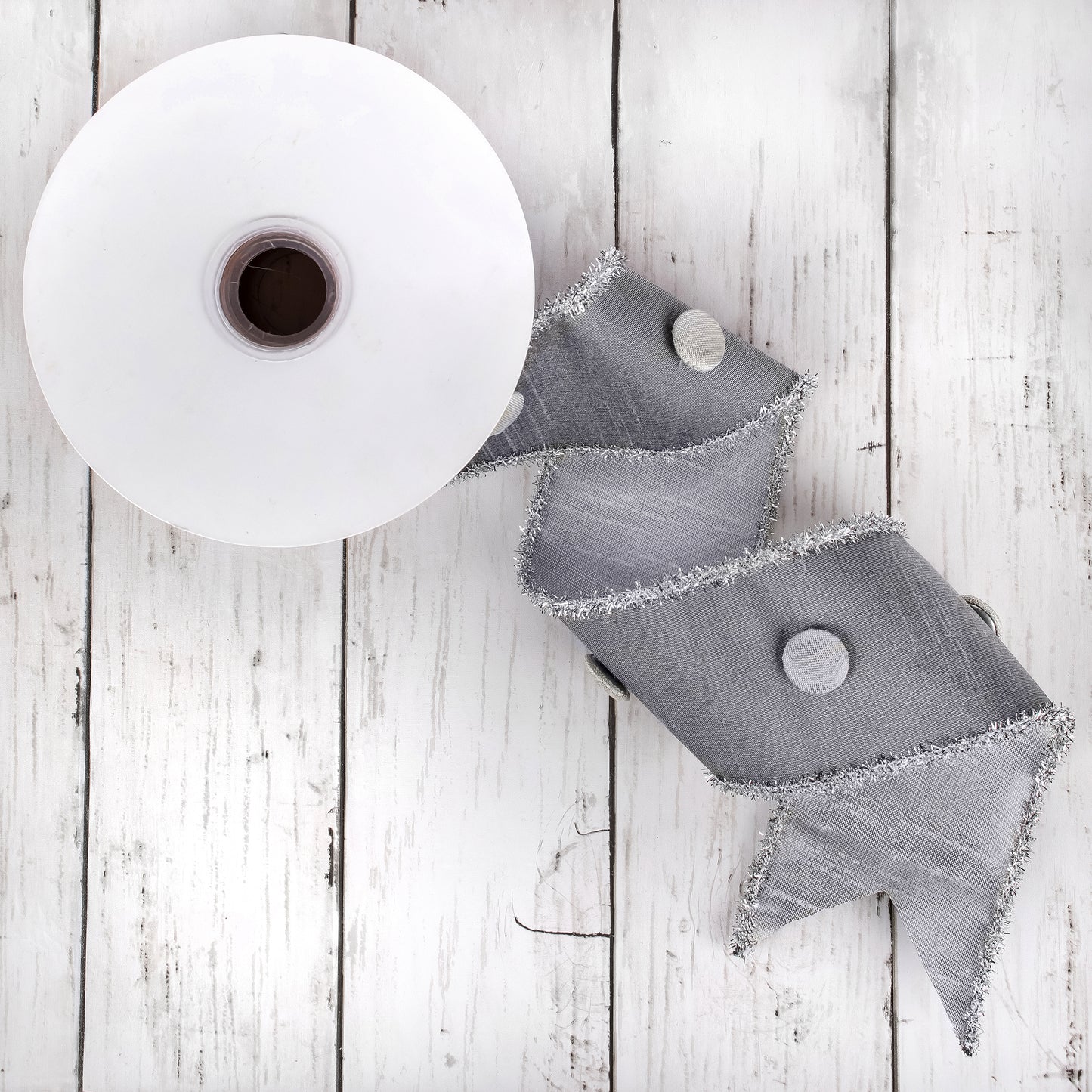 3 in. HGTV Home Collection Dupioni Button Ribbon, Silver