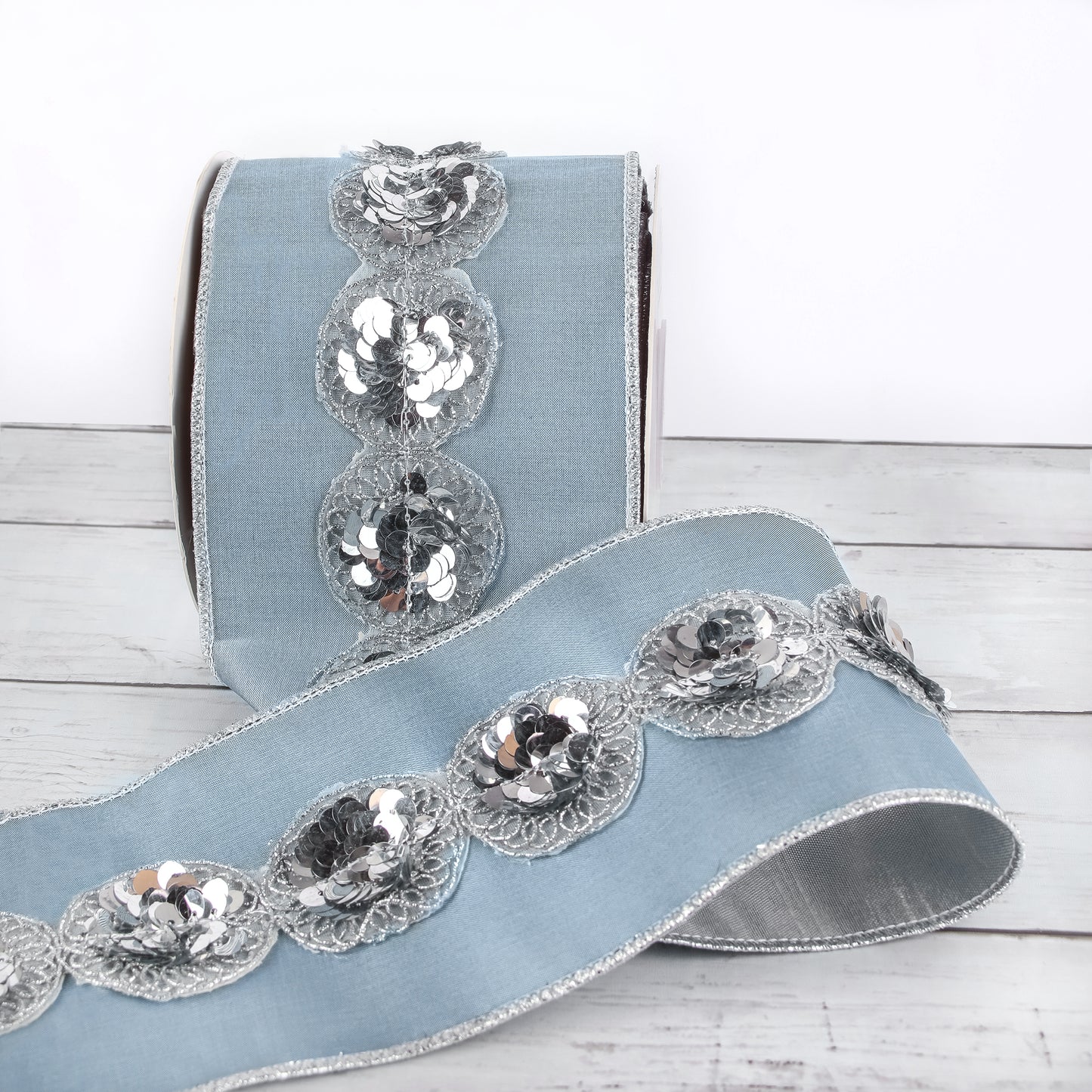 4 in. HGTV Home Collection Sequin Beaded Taffeta Ribbon, Blue