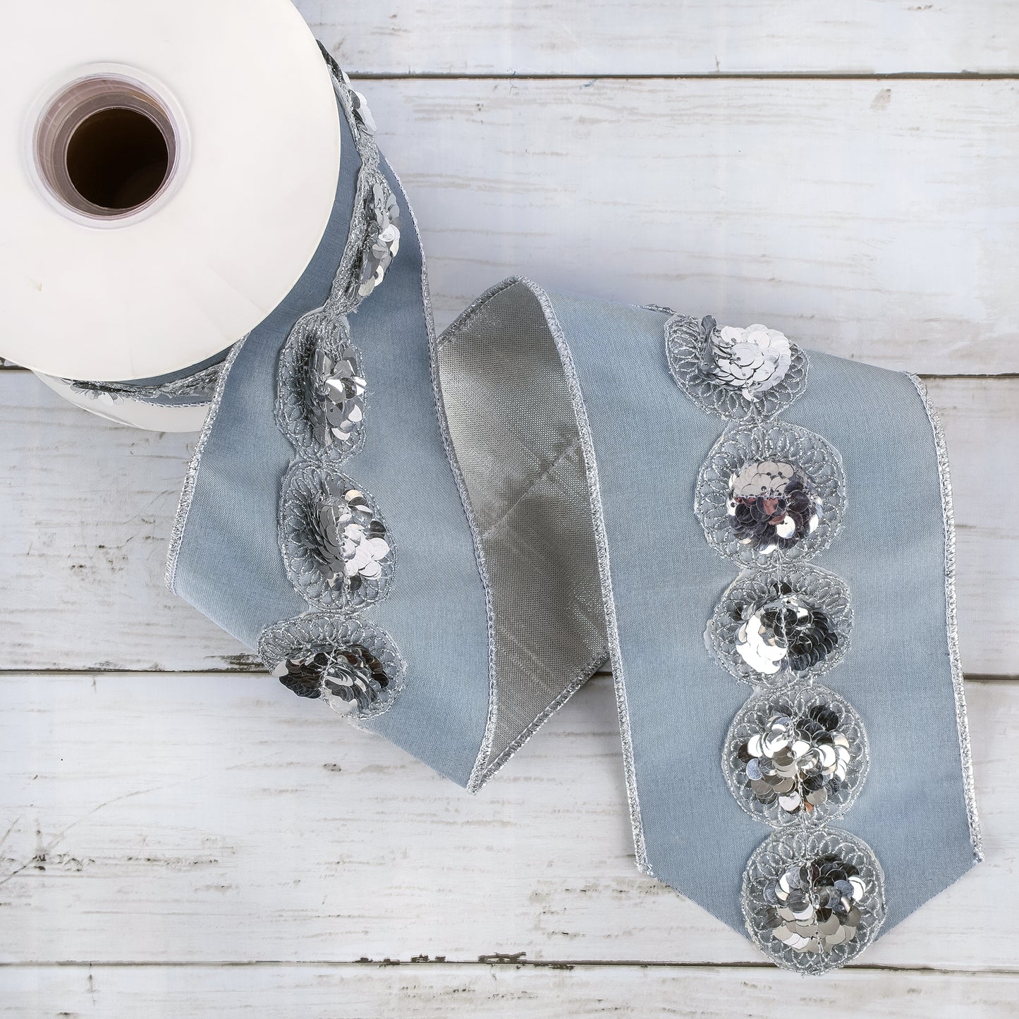 4 in. HGTV Home Collection Sequin Beaded Taffeta Ribbon, Blue