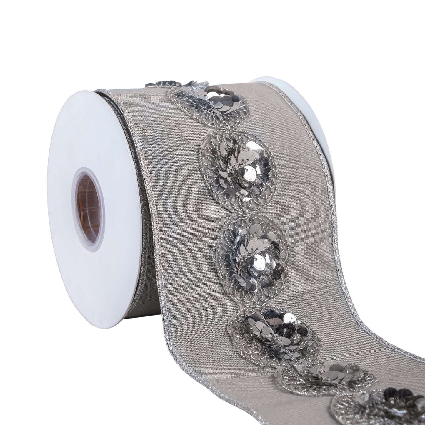 4 in. HGTV Home Collection Sequin Beaded Taffeta Ribbon, Gray