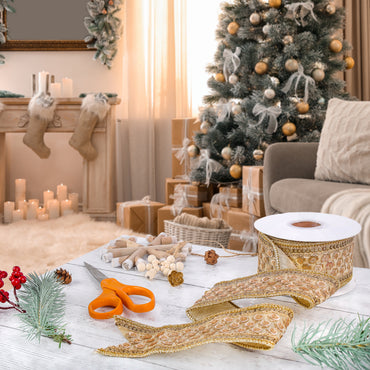 2.5 in. HGTV Home Collection Dupioni Gold Beaded Ribbon