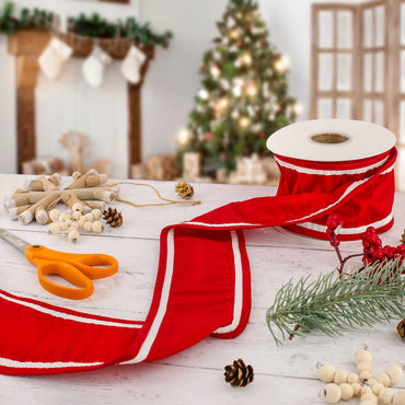 3 in. HGTV Home Collection Dupioni Double-Sided Ribbon, Red & White