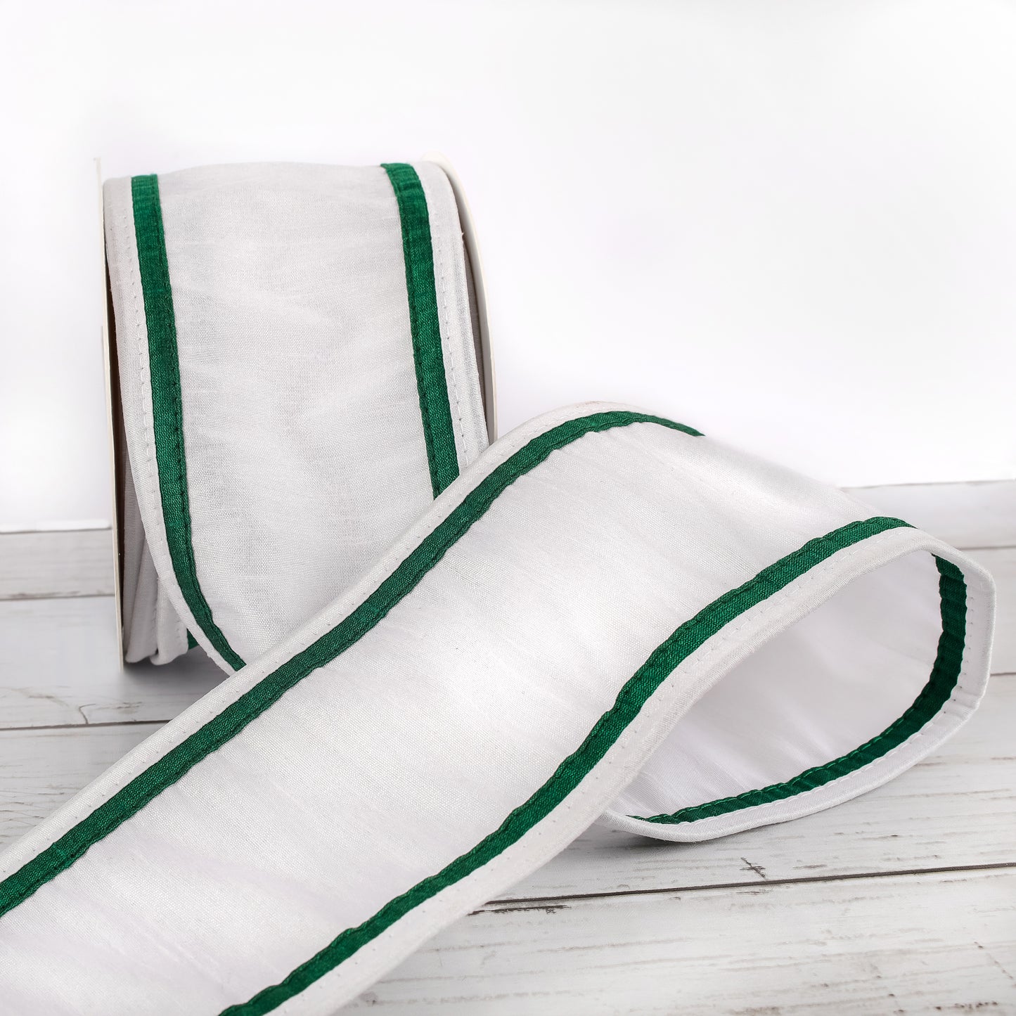 3 in. HGTV Home Collection Dupioni Double-Sided Ribbon, White & Green
