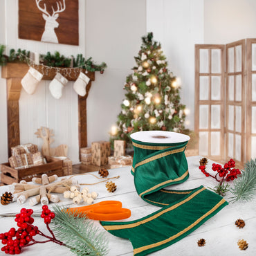 3 in. HGTV Home Collection Dupioni Double-Sided Ribbon, Green & Gold