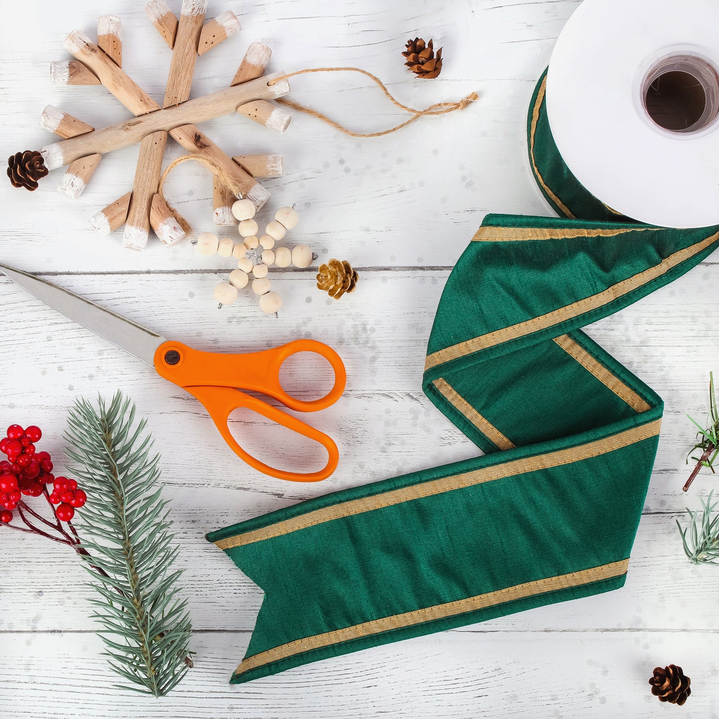 3 in. HGTV Home Collection Dupioni Double-Sided Ribbon, Green & Gold