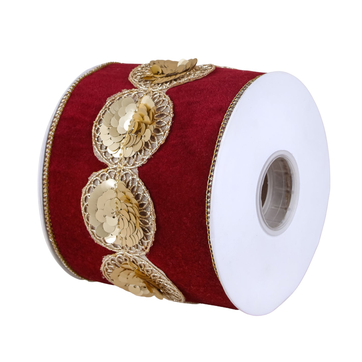 4 in. HGTV Home Collection Sequin Beaded Velour Velvet Ribbon, Burgundy