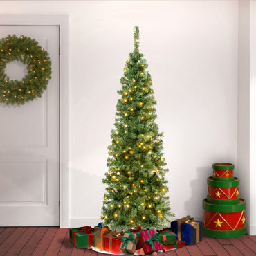6 ft. Pre-Lit Linden Spruce Slim Tree with Warm White LED Lights, Plug-In