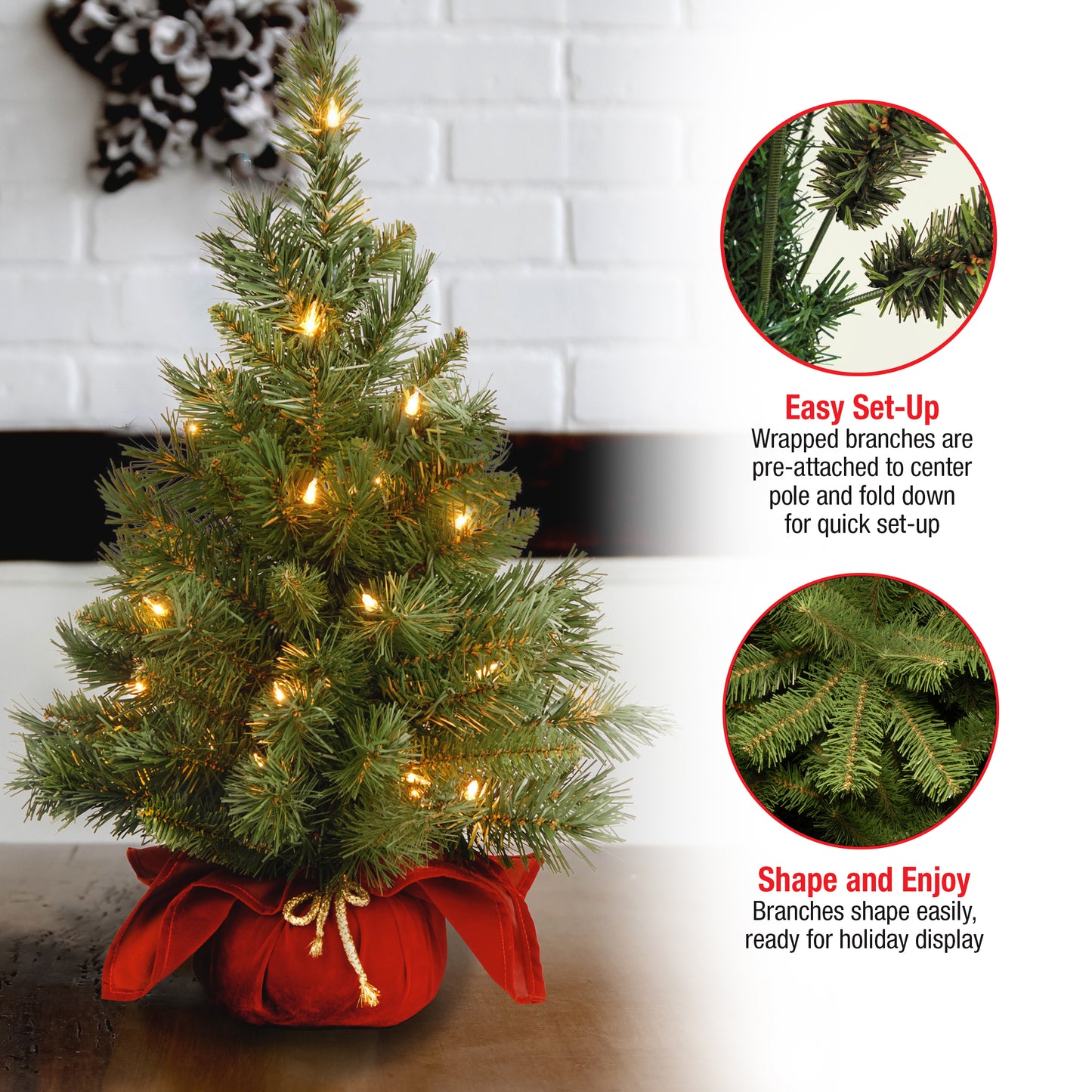 2 ft. Pre-Lit Majestic Fir Tree with Clear Lights, Burgandy Base