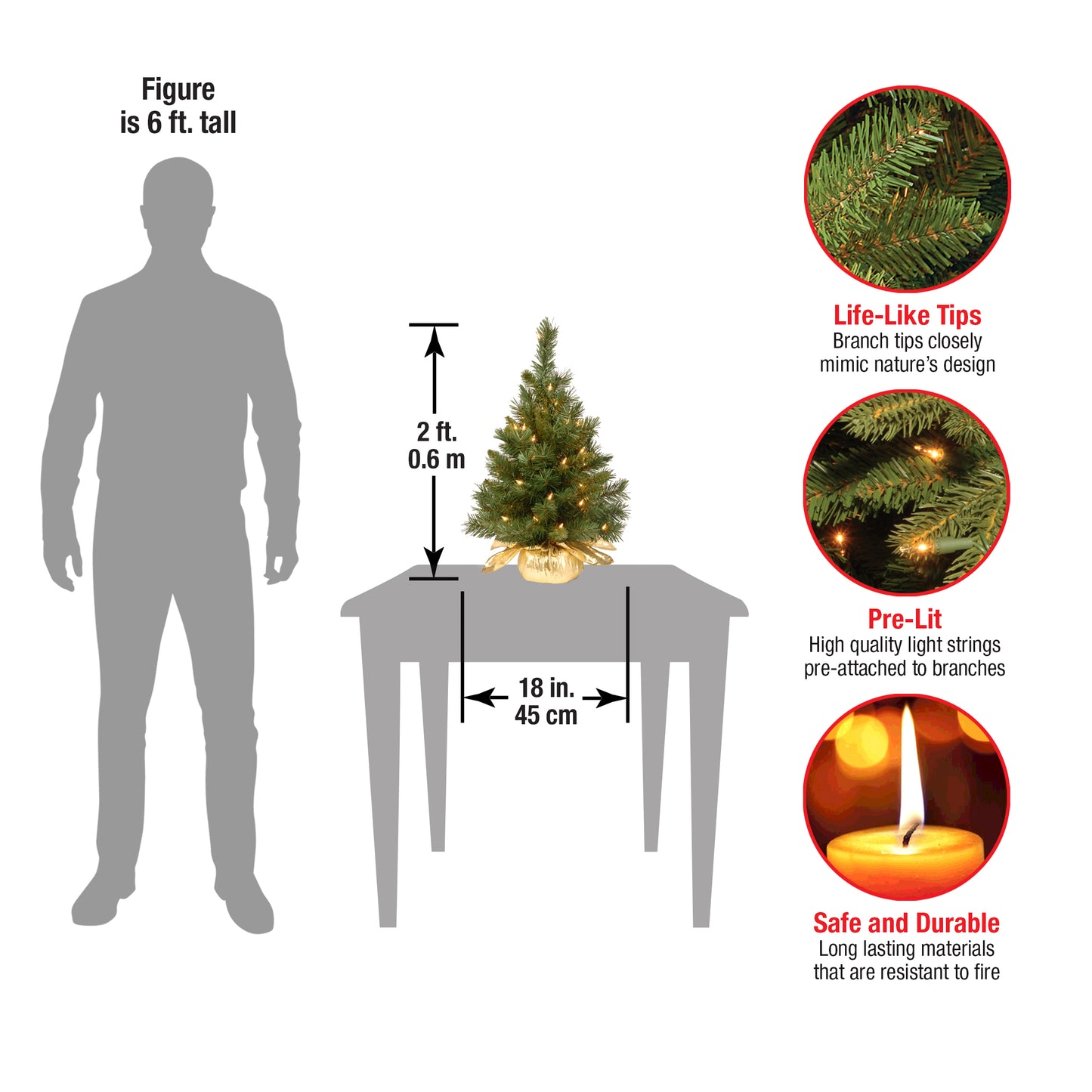 2 ft. Pre-Lit Majestic Fir Tree with Clear Lights, Gold Base