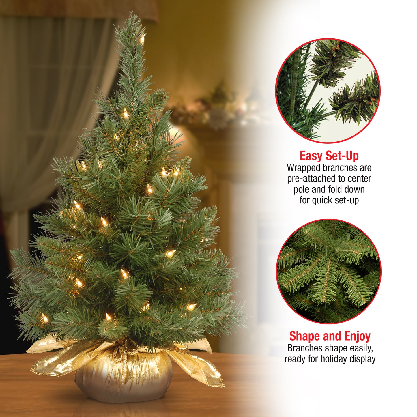 2 ft. Pre-Lit Majestic Fir Tree with Clear Lights, Gold Base