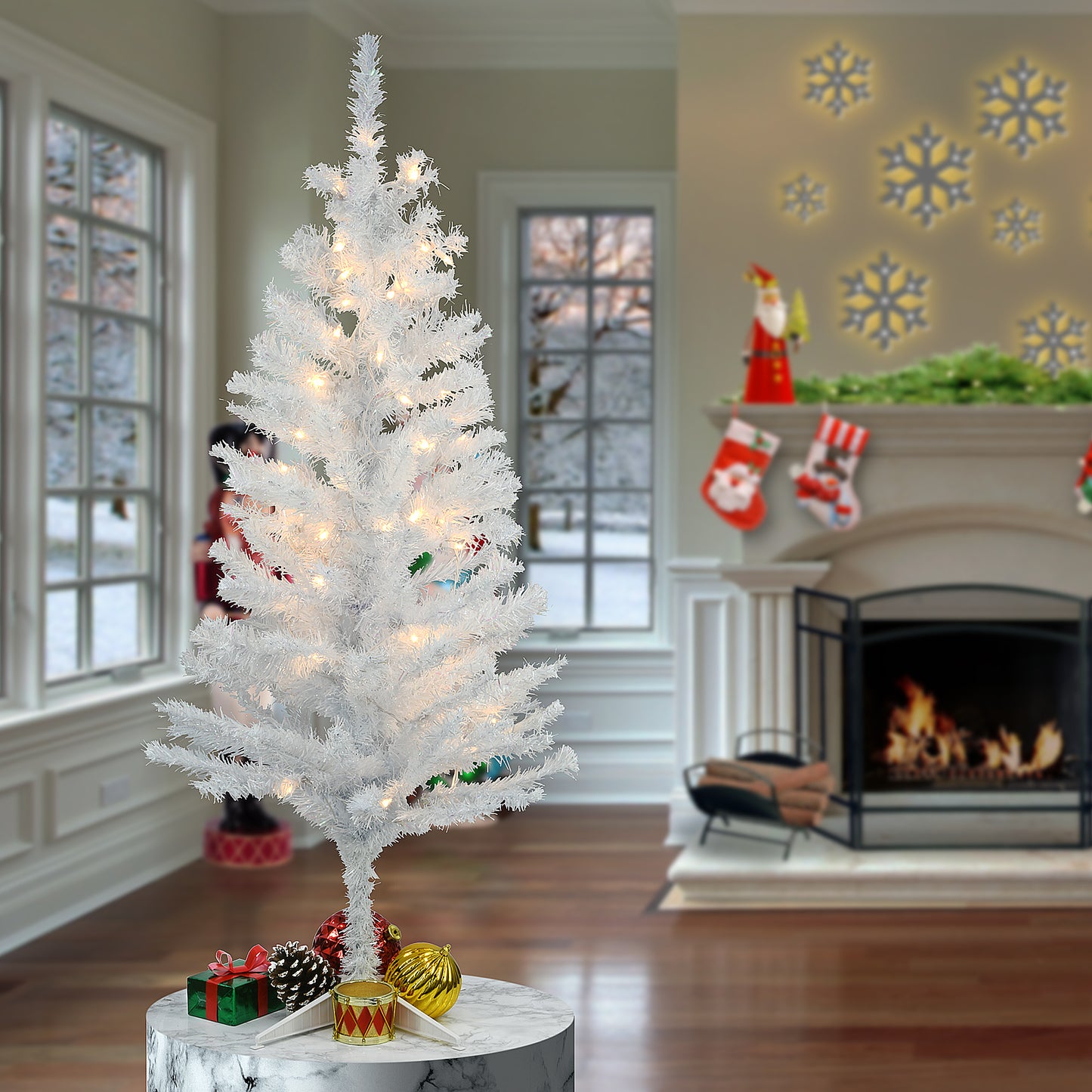 4 ft. Pre-Lit Tinsel Collection White Iridescent Tree with Clear Lights