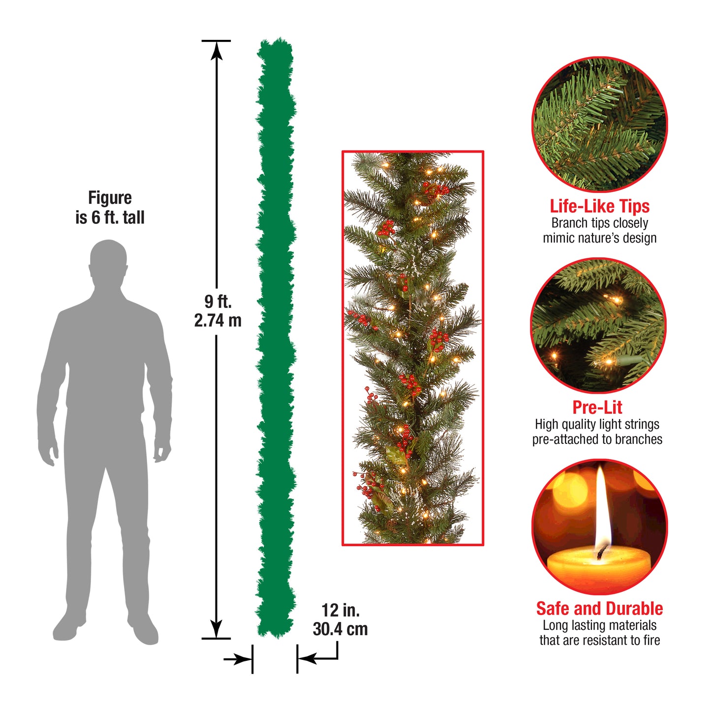 9 ft. Pre-Lit Wintry Pine Garland with Clear Lights, Plug-In