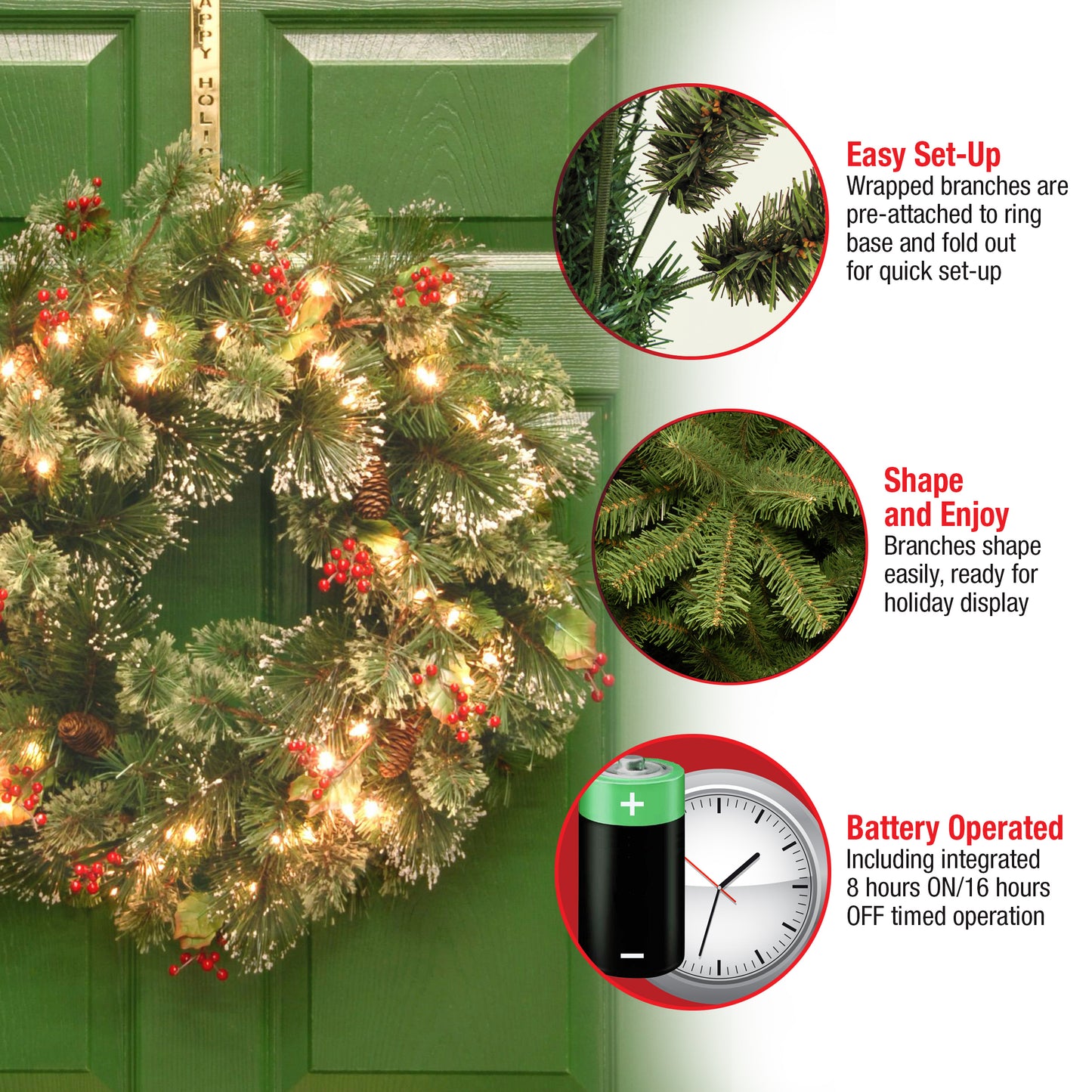 24 in. Pre-Lit Wintry Pine Wreath with LED Lights