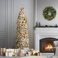 9 ft. Pre-Lit Acacia Flocked Slim Tree with Clear Lights