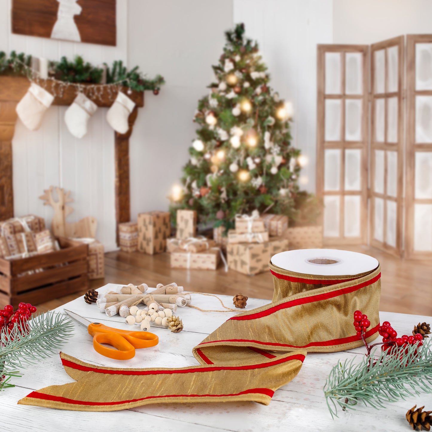 3 in. HGTV Home Collection Dupioni Double-Sided Ribbon, Gold & Red