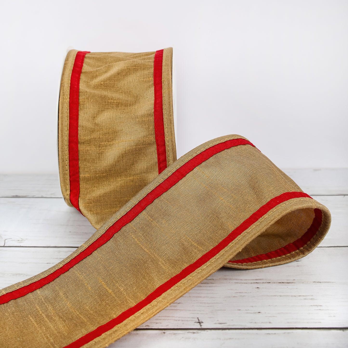 3 in. HGTV Home Collection Dupioni Double-Sided Ribbon, Gold & Red