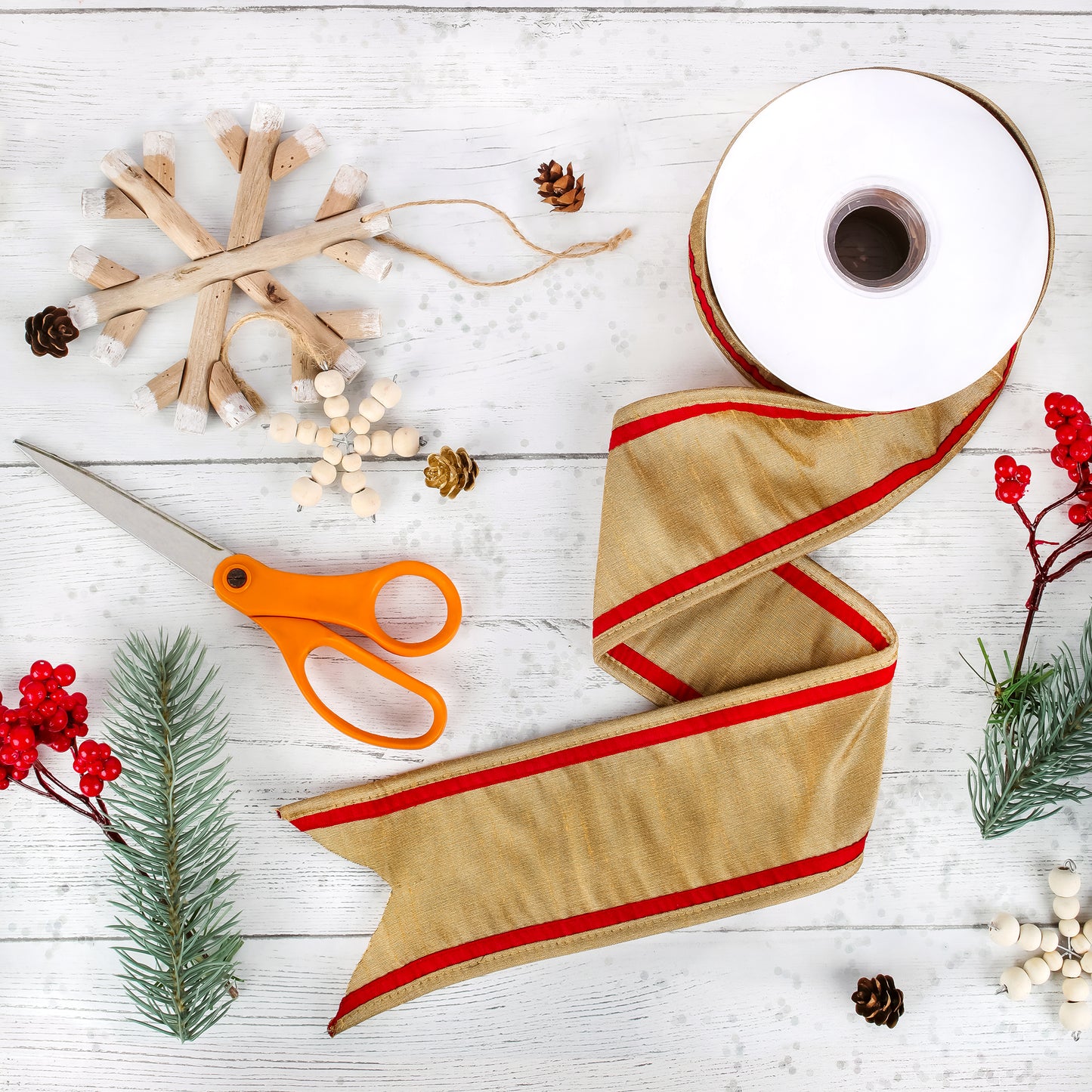 3 in. HGTV Home Collection Dupioni Double-Sided Ribbon, Gold & Red