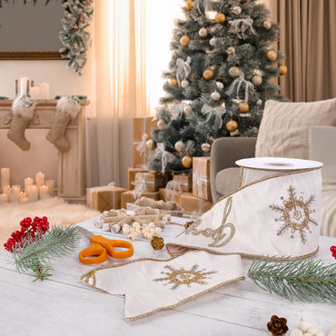 4 in. HGTV Home Collection Dupioni Embroidered Joyuex Noel Ribbon