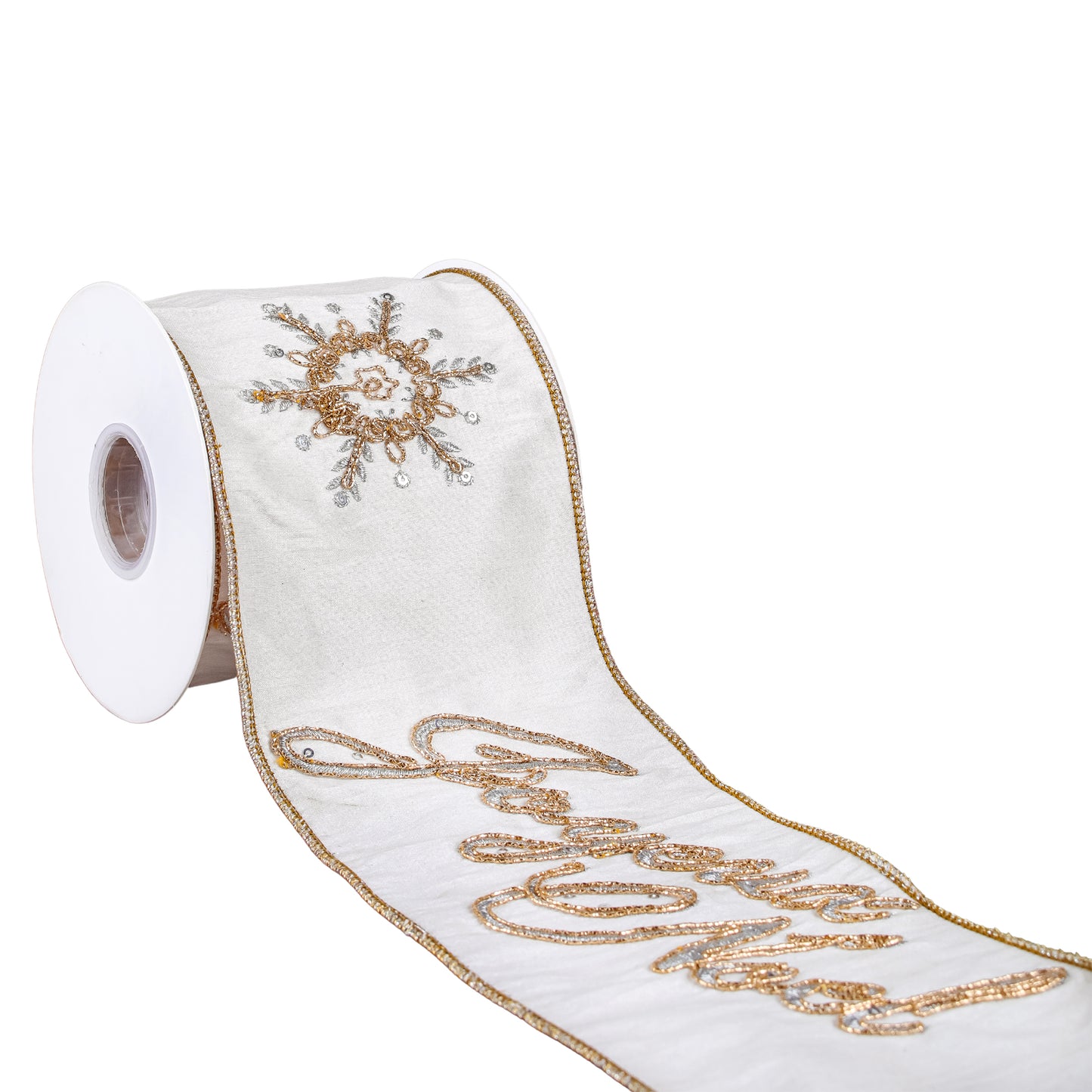 4 in. HGTV Home Collection Dupioni Embroidered Joyuex Noel Ribbon