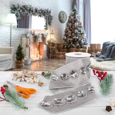 4 in. HGTV Home Collection Sequin Beaded Taffeta Ribbon, Gray
