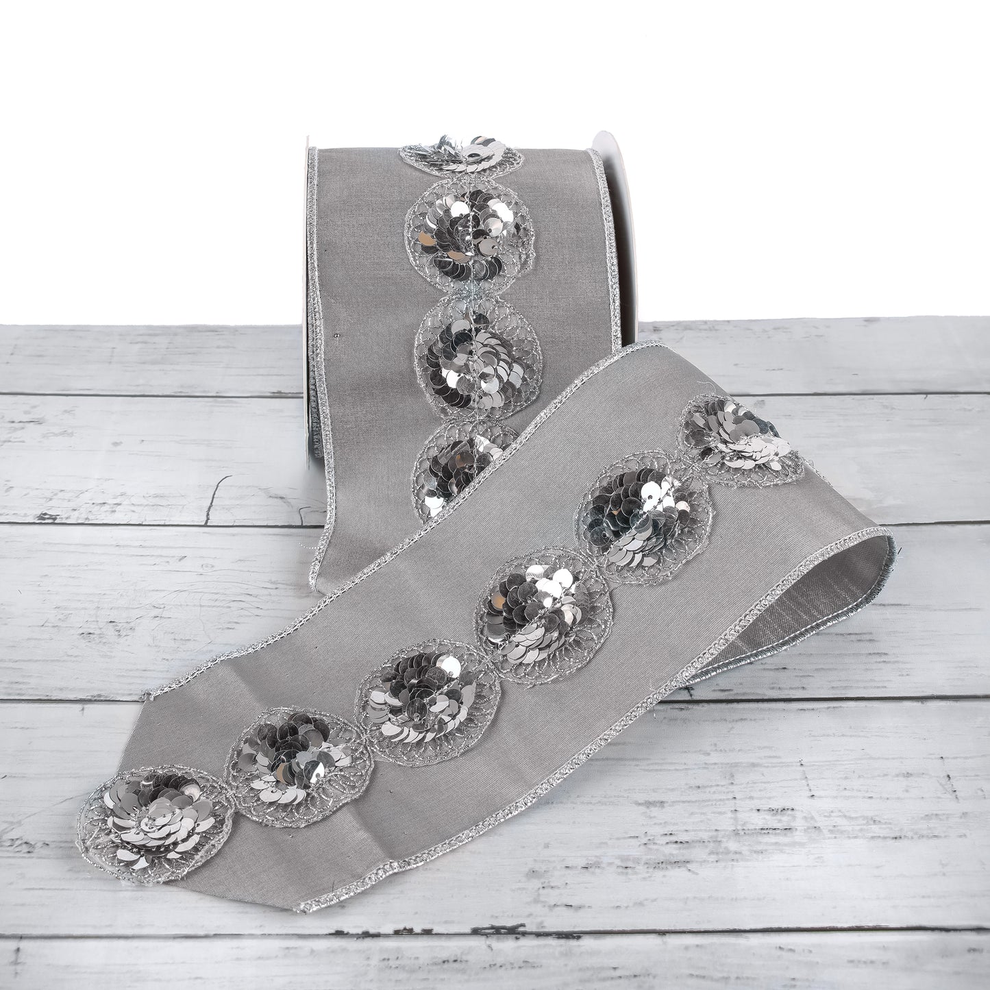 4 in. HGTV Home Collection Sequin Beaded Taffeta Ribbon, Gray