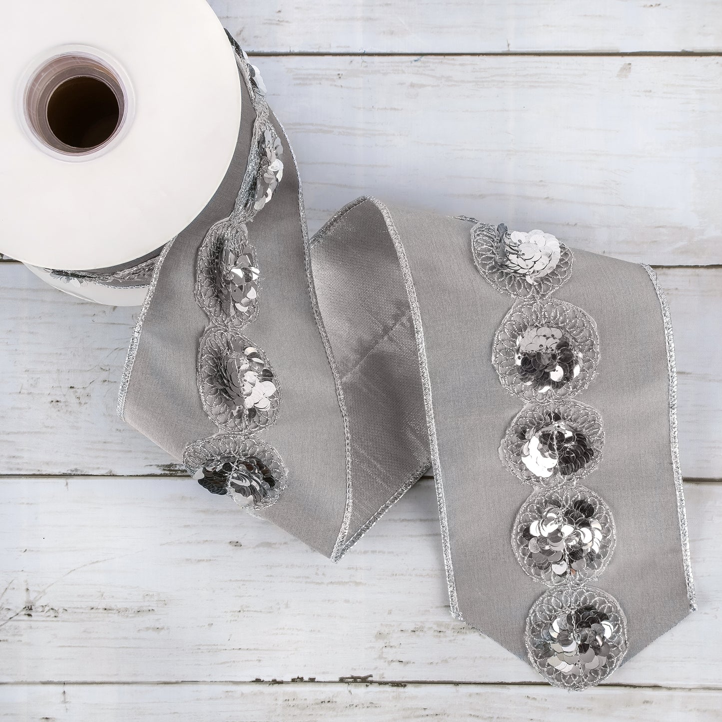 4 in. HGTV Home Collection Sequin Beaded Taffeta Ribbon, Gray