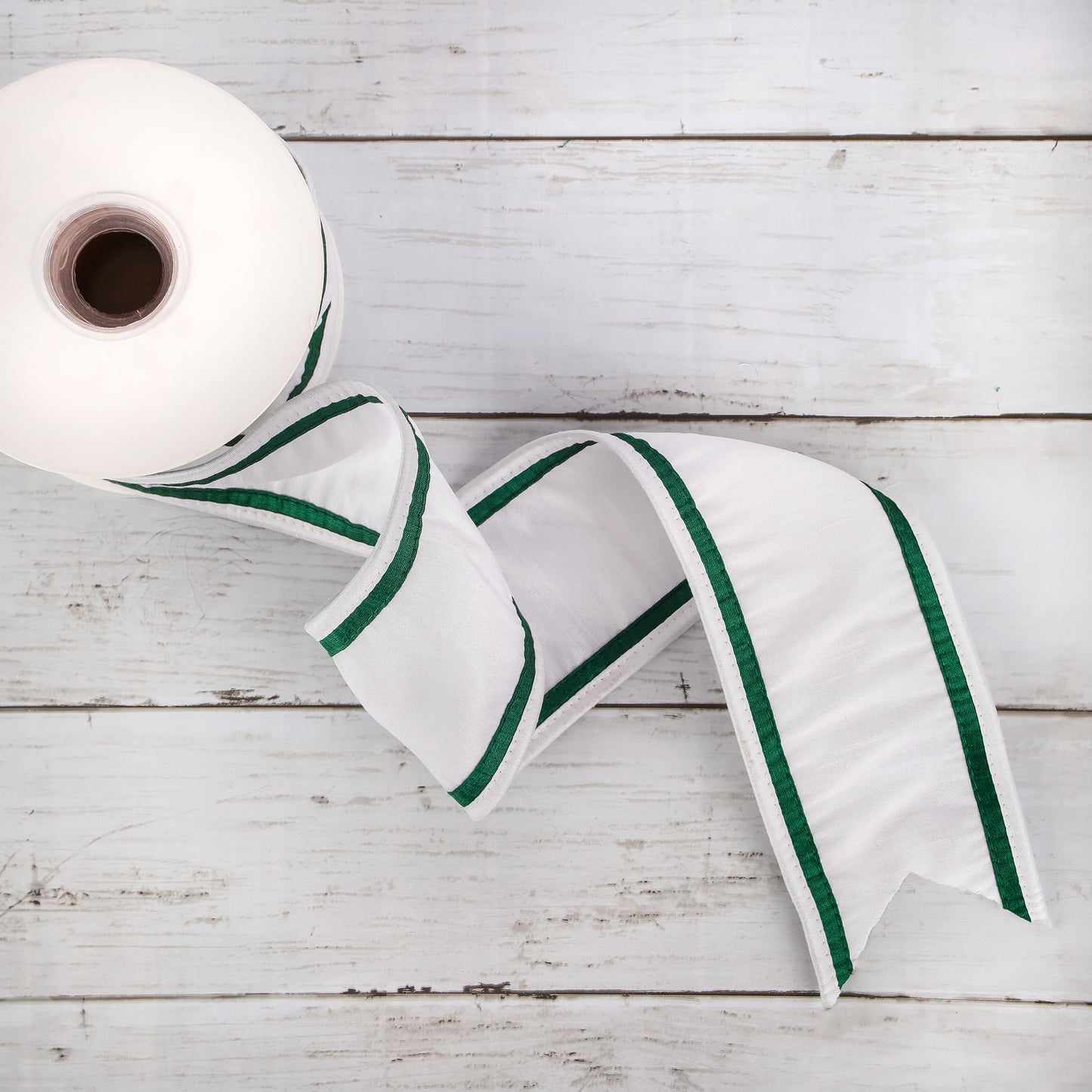 3 in. HGTV Home Collection Dupioni Double-Sided Ribbon, White & Green