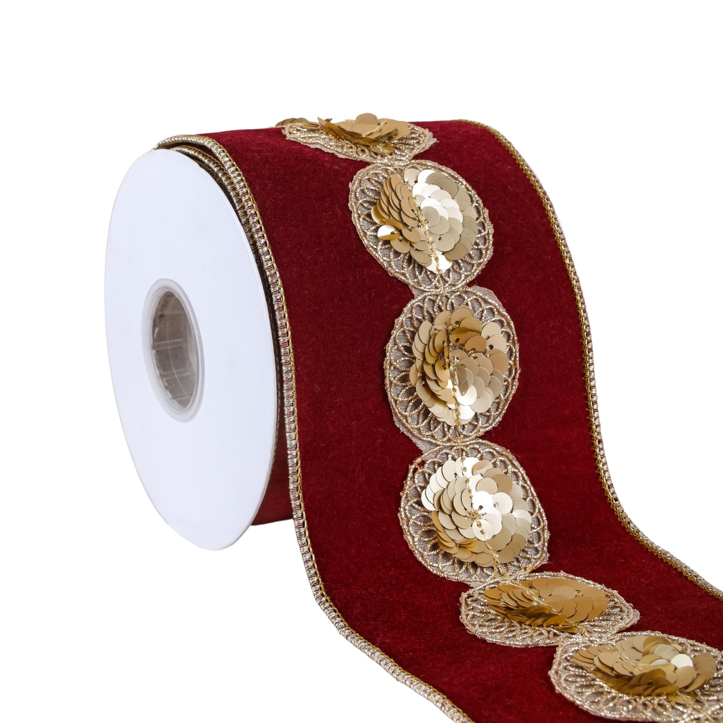 4 in. HGTV Home Collection Sequin Beaded Velour Velvet Ribbon, Burgundy