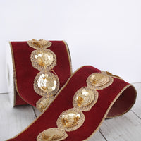 4 in. HGTV Home Collection Sequin Beaded Velour Velvet Ribbon, Burgundy