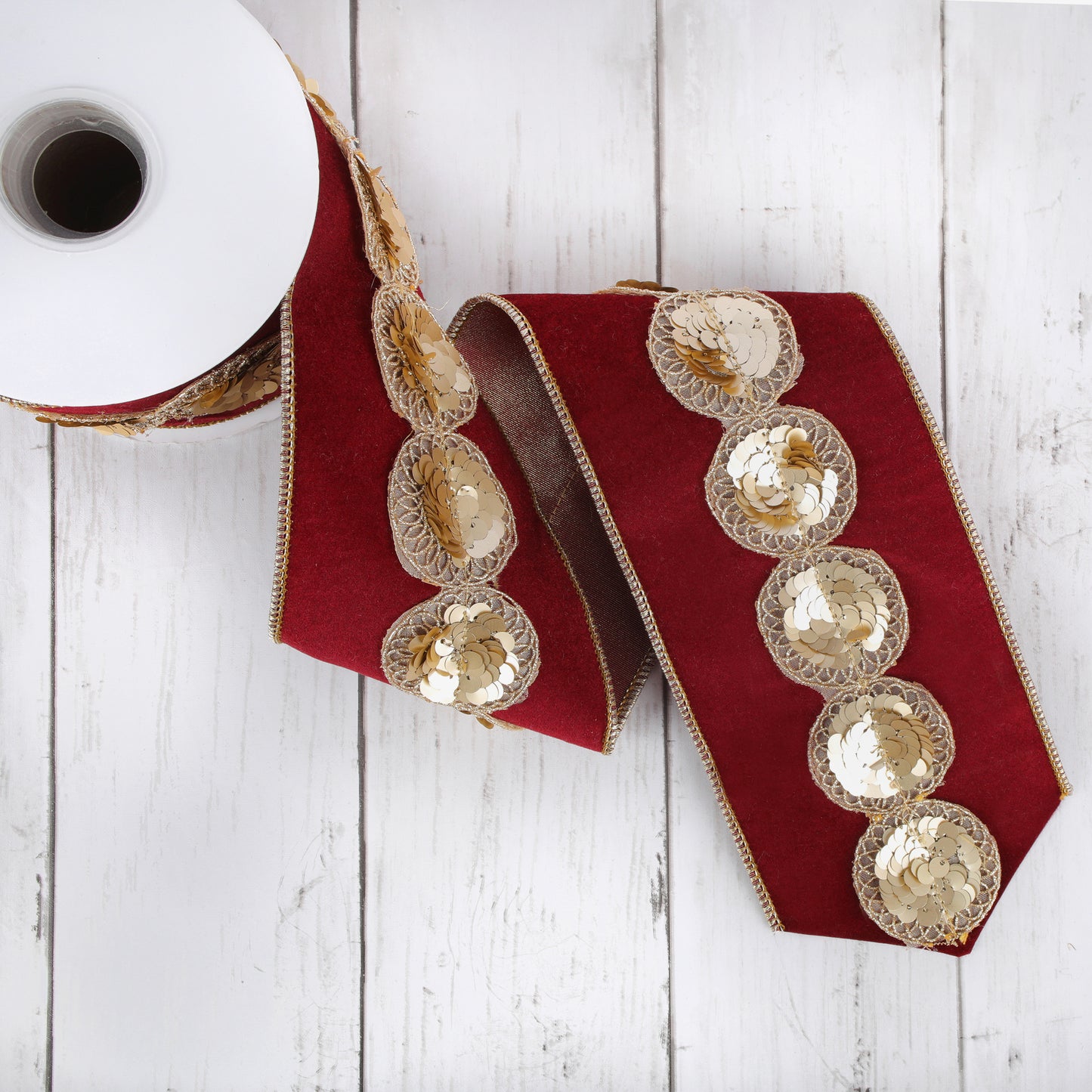 4 in. HGTV Home Collection Sequin Beaded Velour Velvet Ribbon, Burgundy