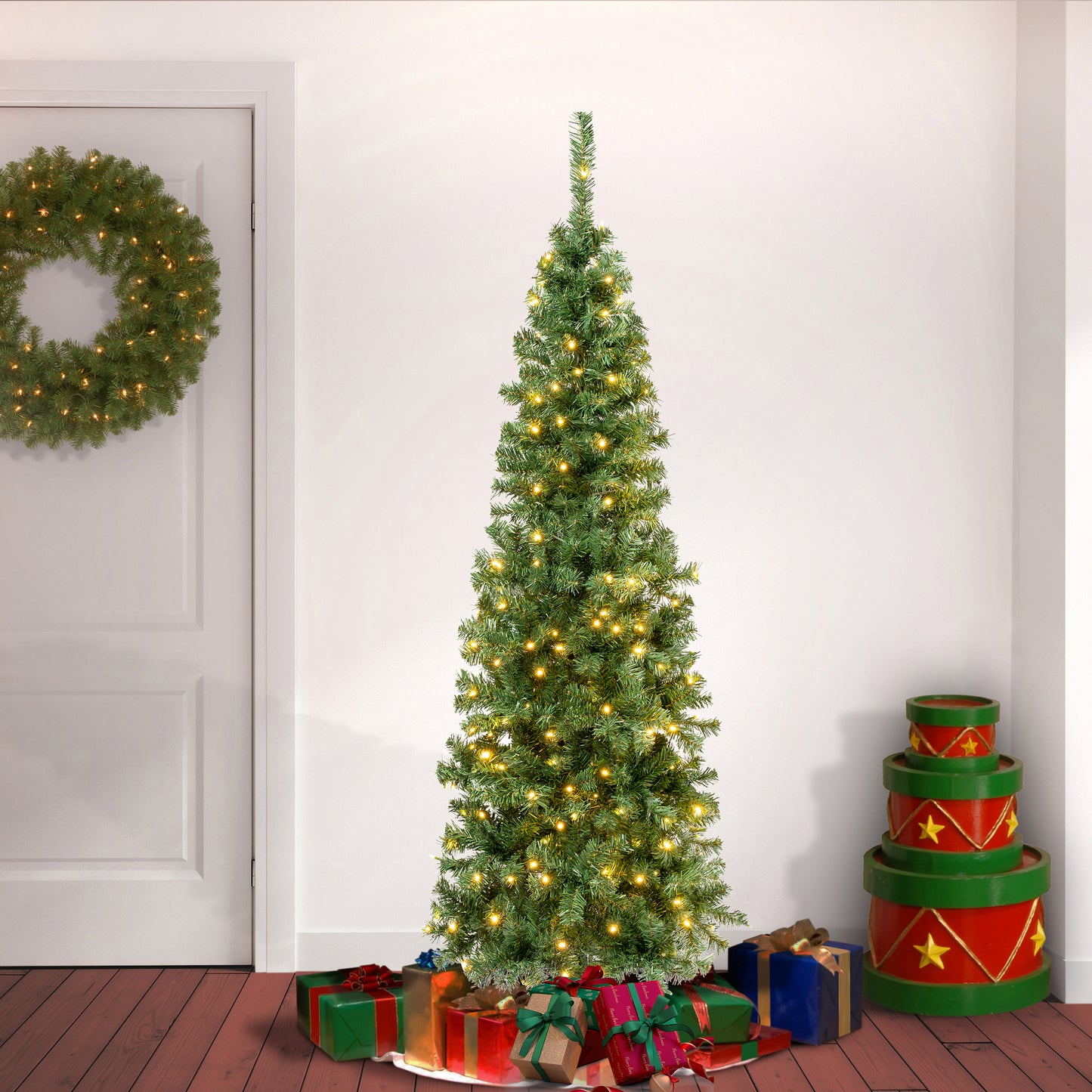 6 ft. Pre-Lit Linden Spruce Slim Tree with Warm White LED Lights, Plug-In