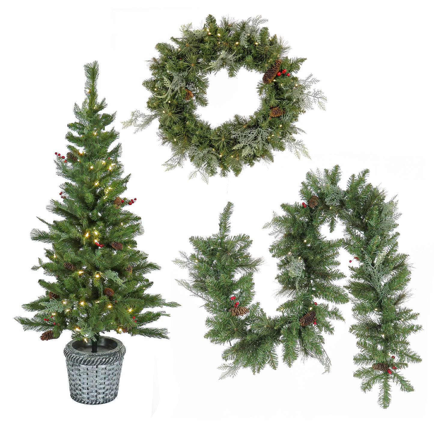 Pre-Lit Buzzard Pine Assortment Set of 1 Entrance Tree, 1 Wreath, 1 Garland, Plug-In