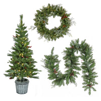 Pre-Lit Buzzard Pine Assortment Set of 1 Entrance Tree, 1 Wreath, 1 Garland, Plug-In
