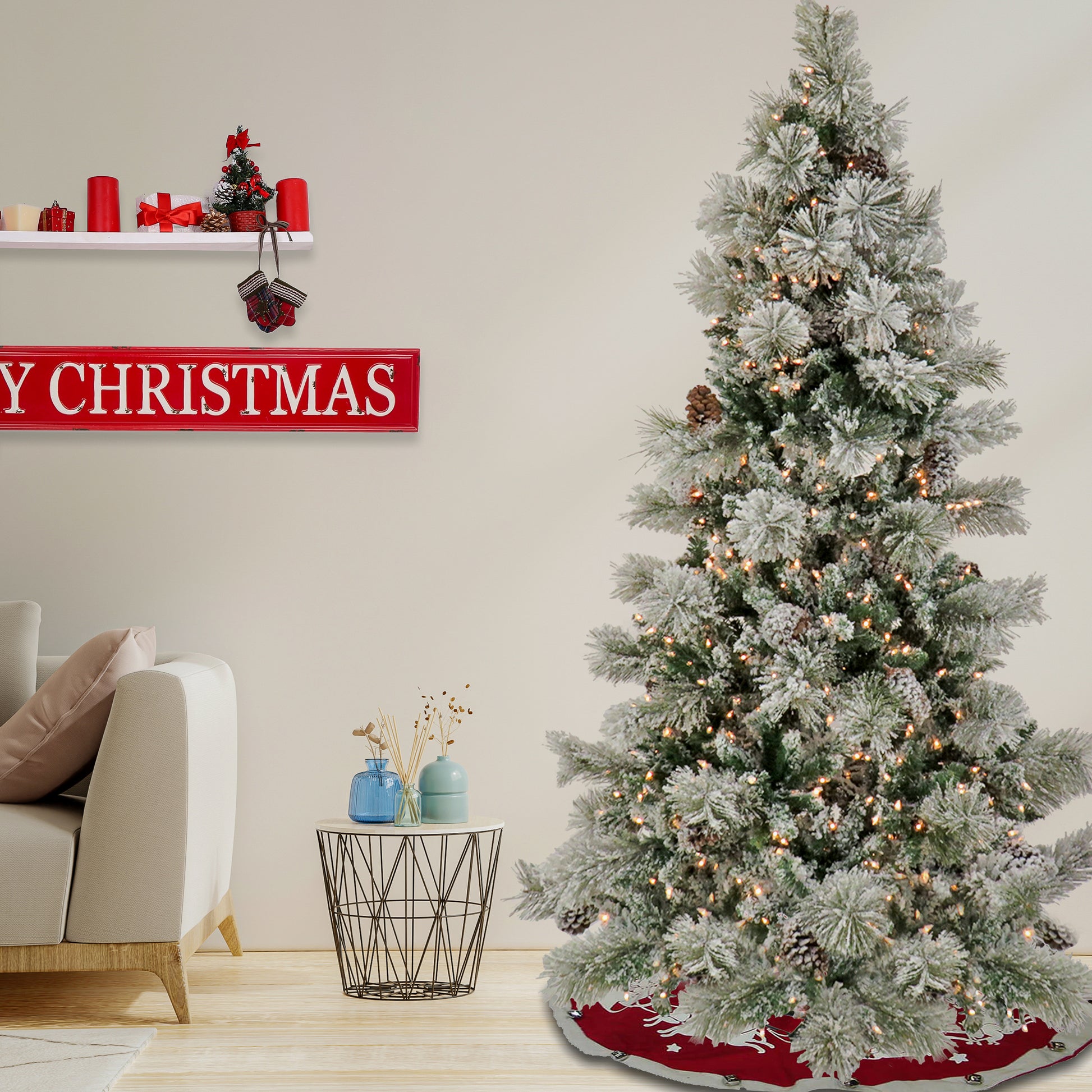 7.5 ft. Pre-Lit Snowy Yorkshire Tree with Clear Lights, Plug-In ...