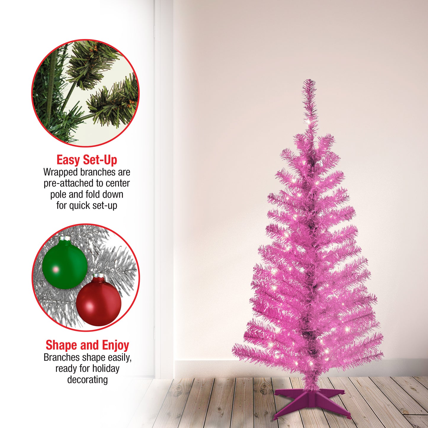 4 ft. Pre-Lit Tinsel Collection Pink Tree with Clear Lights