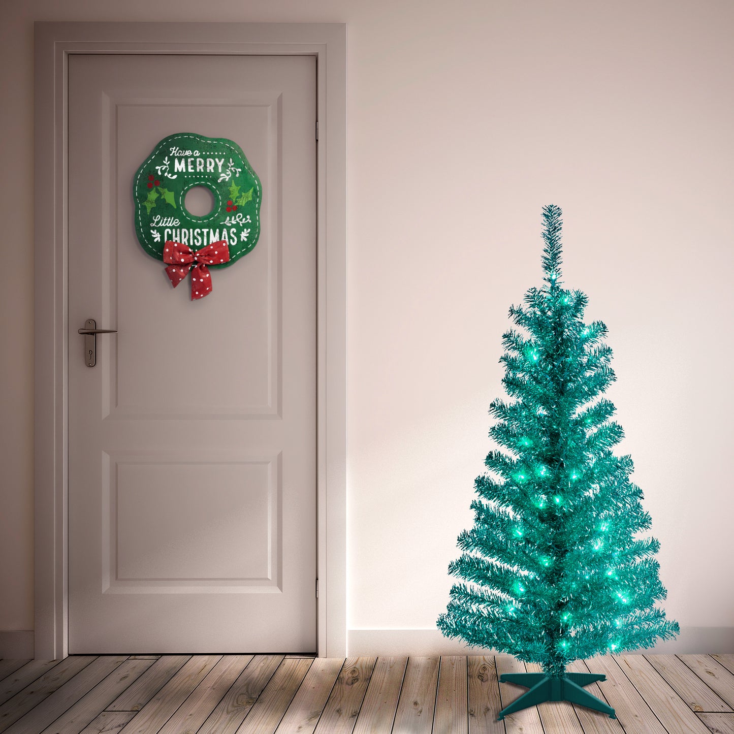 4 ft. Pre-Lit Tinsel Collection Turquoise Tree with Clear Lights